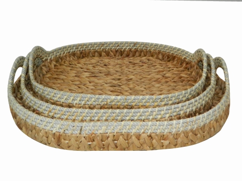 3pc oval water hyacinth tray with rope rim